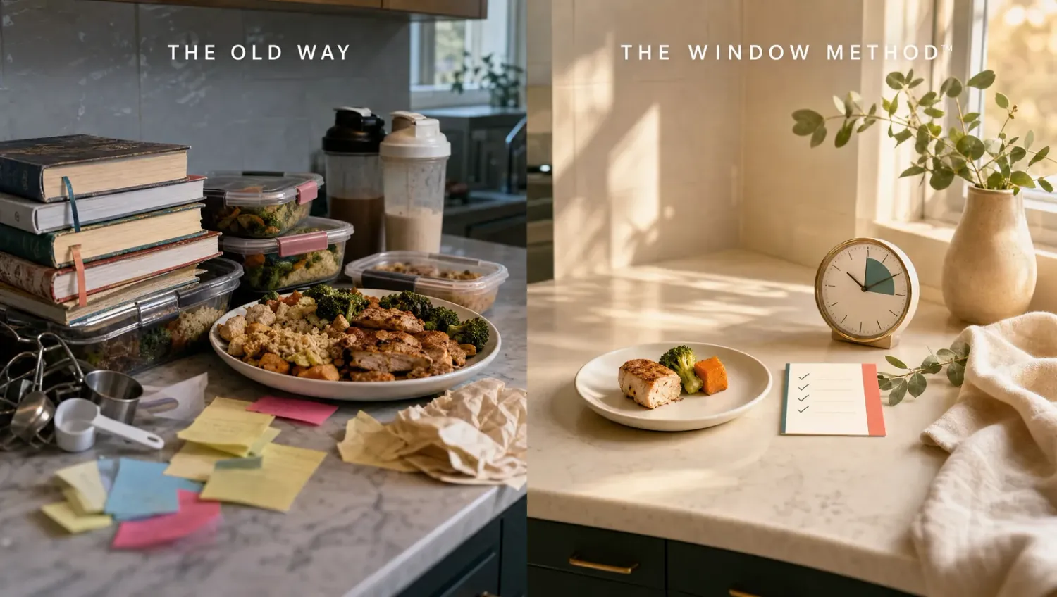 The old way: cluttered counter and overwhelm — The Window Method™: one calm micro-meal in your window