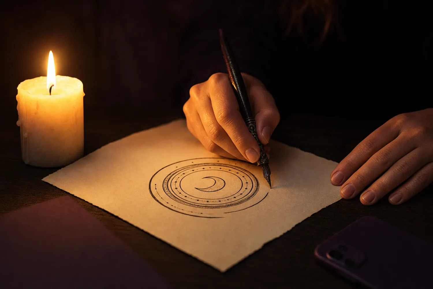A woman's hand drawing a moon sigil on paper by candlelight, phone face down