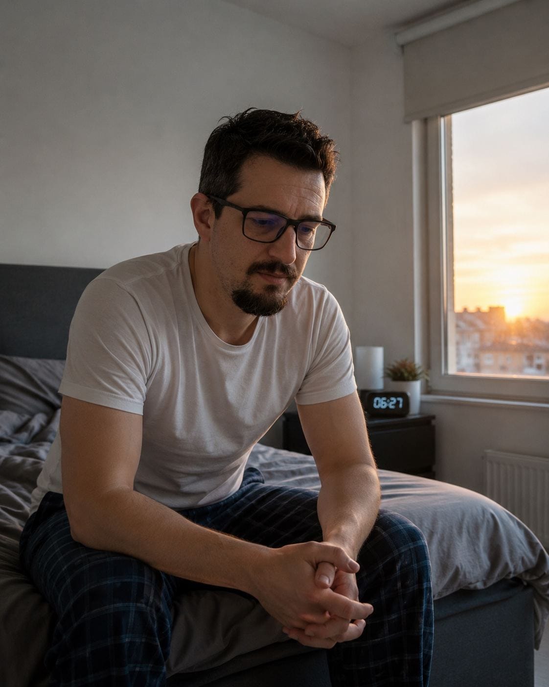 A man sitting on the edge of his bed, trying to hold himself together