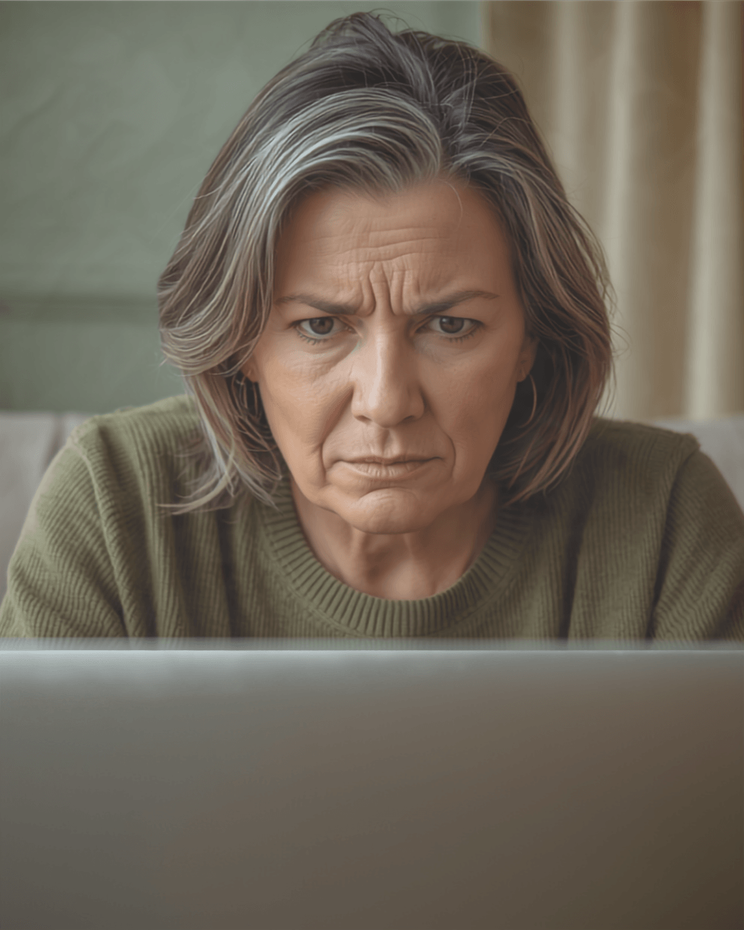 perplexed mature woman with a furrowed brow looking at her open laptop 