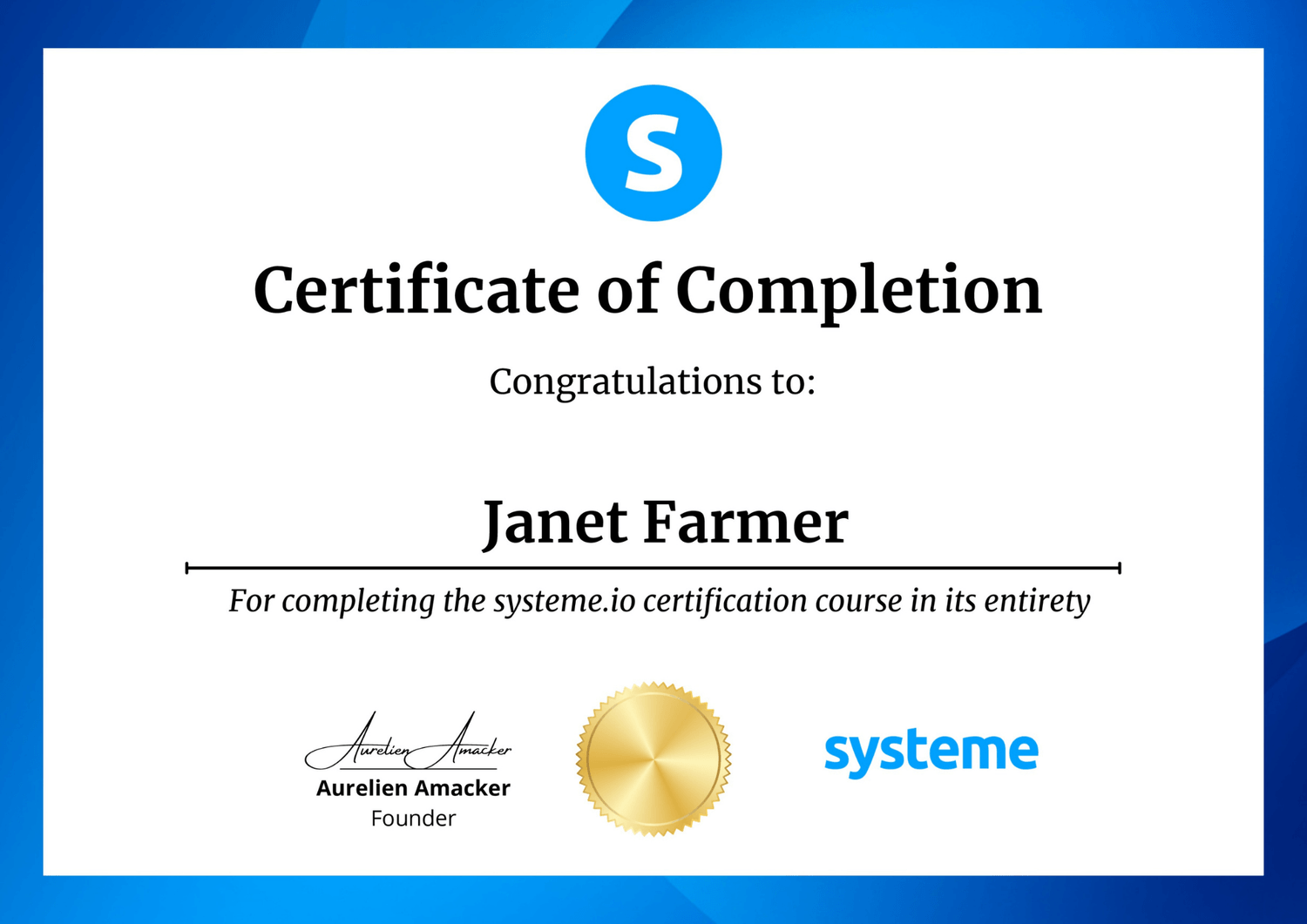 certificate of complete for Systeme.io certification