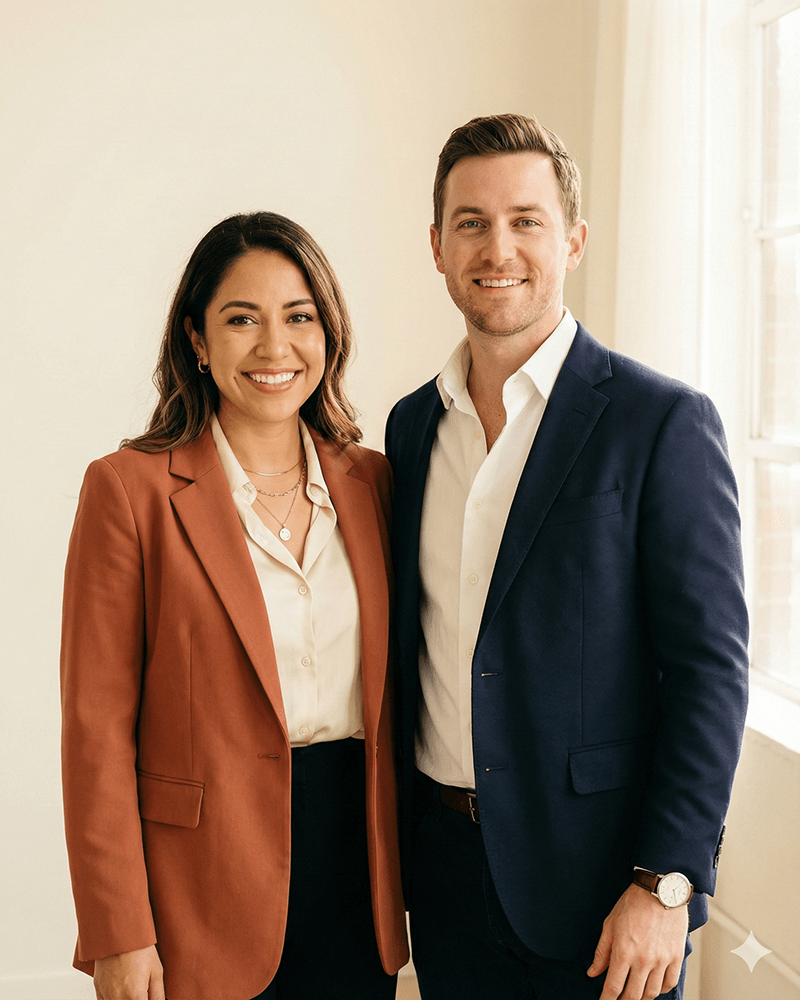 Two confident professionals in stylish outfits