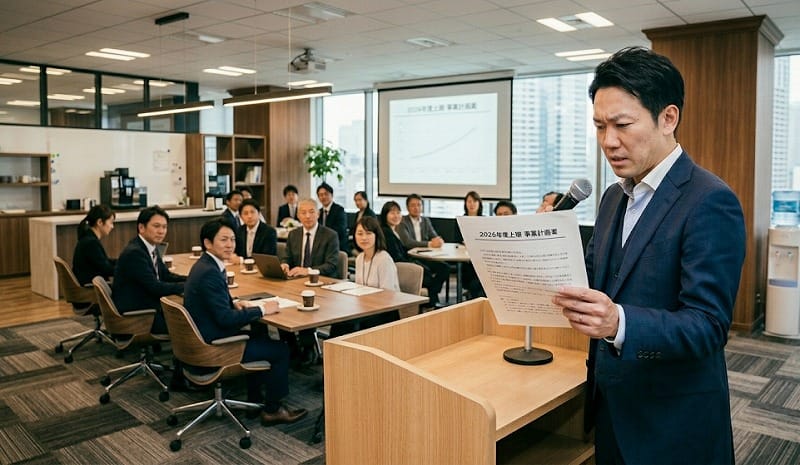 朝礼で司会をする男性