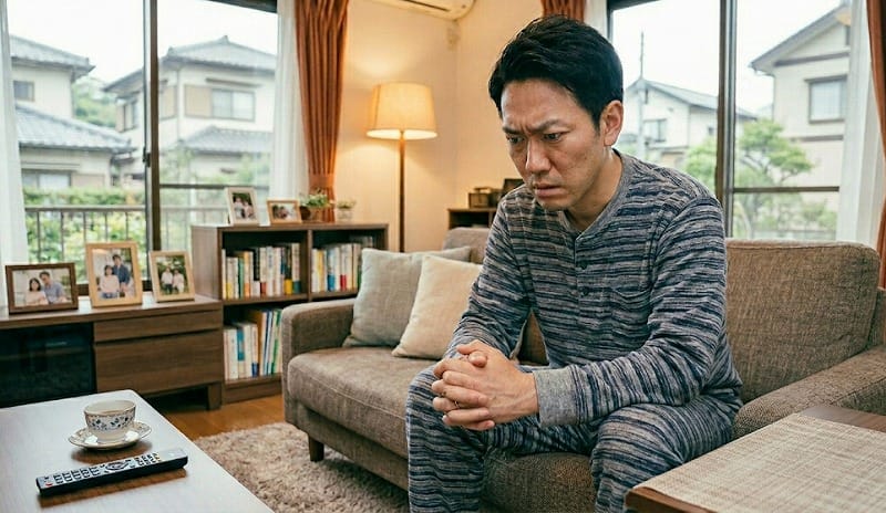 自宅で緊張している男性