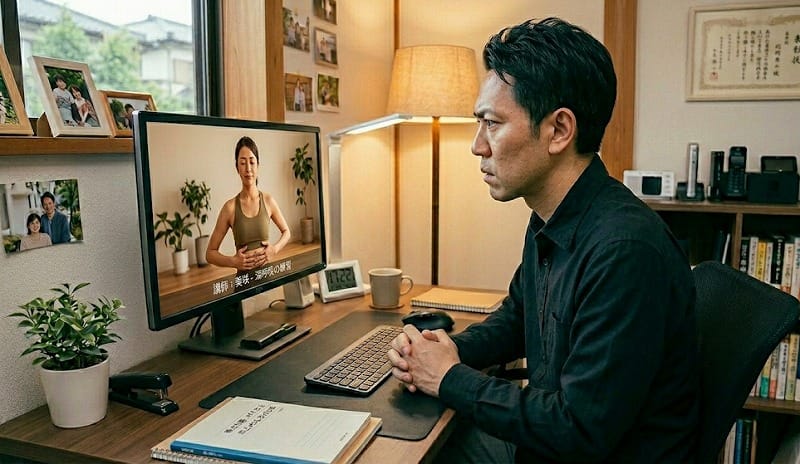 DVD教材で学習する男性