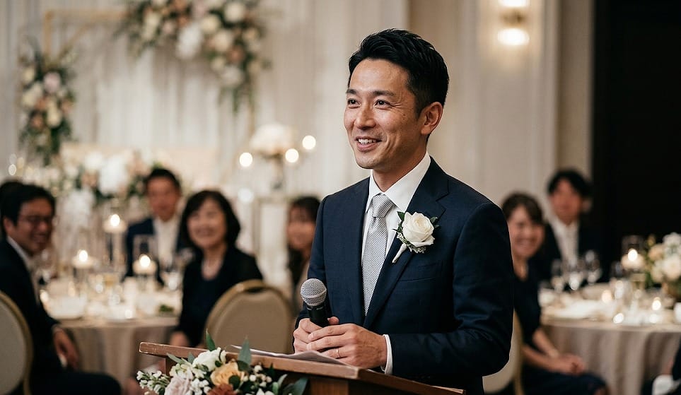 結婚披露宴でスピーチする男性