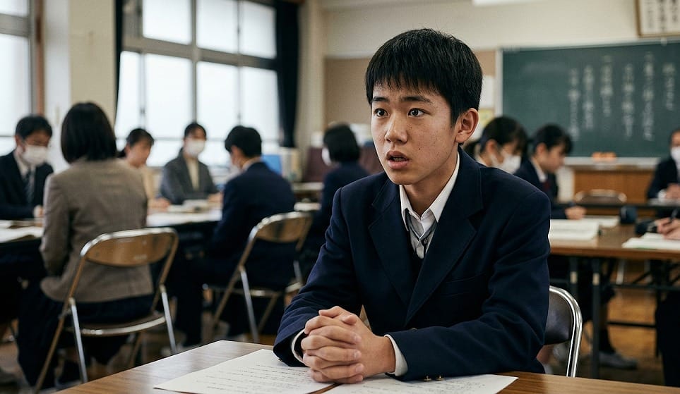 会議でスピーチする中学生