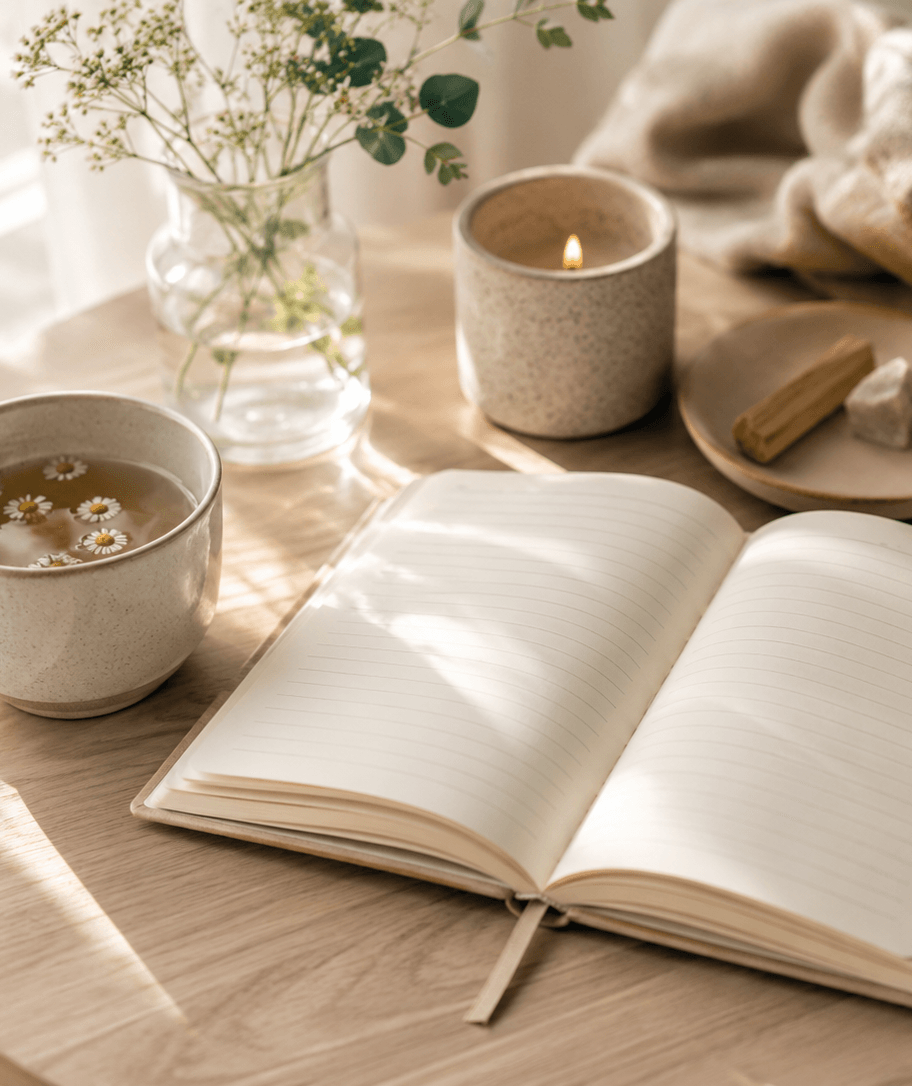 Carnet ouvert avec infusion et bougie, symbole de retour à soi et de ressources bien-être sur le blog Nêsens