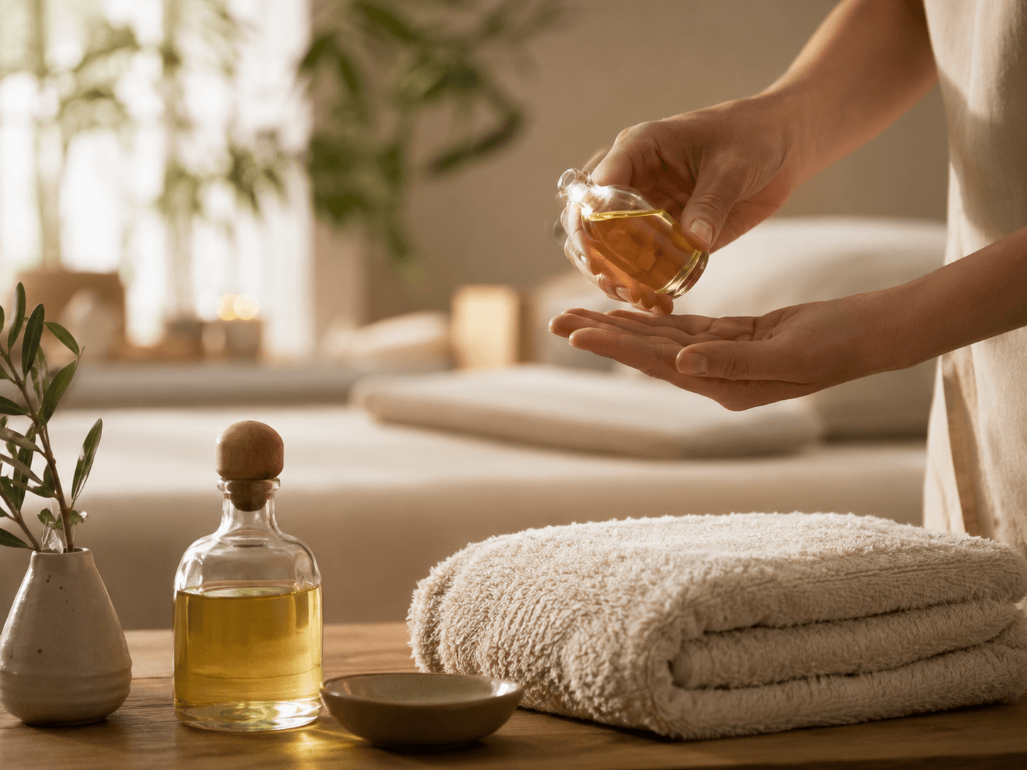 Huile de massage naturelle et serviette douce pour un soin bien-être à La Ravoire près de Chambéry