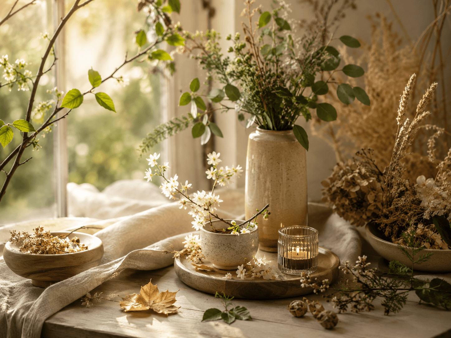 Image bien-être avec feuilles, fleurs et lumière naturelle pour accompagner les saisons et retrouver son équilibre