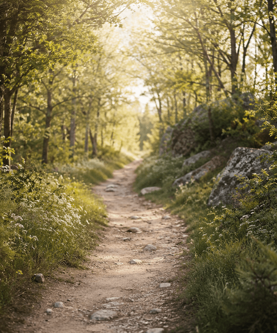 Chemin en forêt lumineuse pour illustrer le retour à soi, le rythme intérieur et le cheminement personnel sur le blog Nêsens