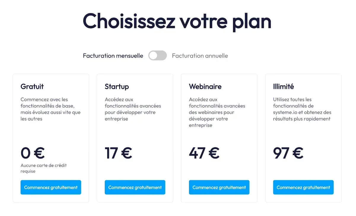 Tableau des tarifs Systeme.io avec les plans Gratuit, Startup, Webinaire et Illimité