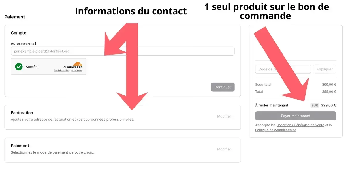 Interface du bon de commande Podia limité à un seul produit pour un paiement unique