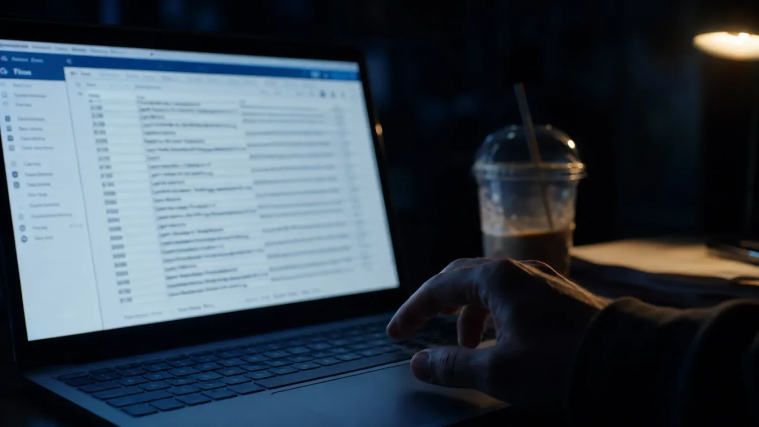 Hand hesitating before laptop email