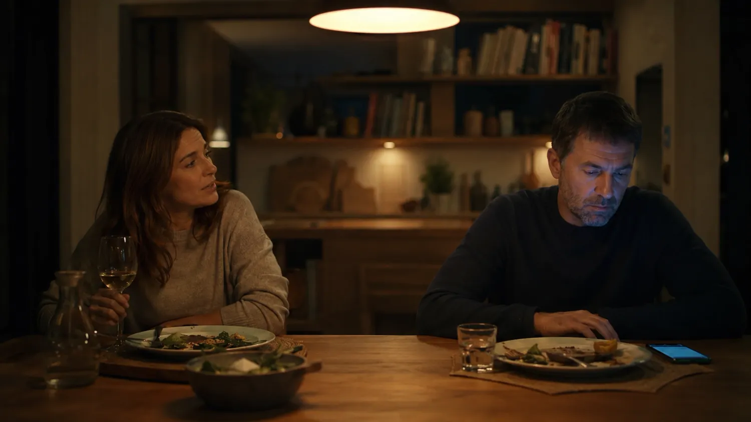 Couple at dinner table emotionally distant