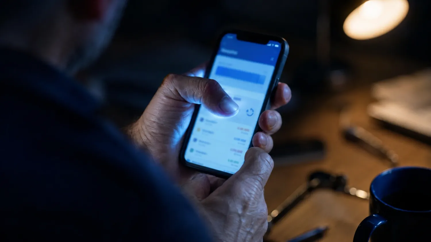 Hand holding phone with banking app