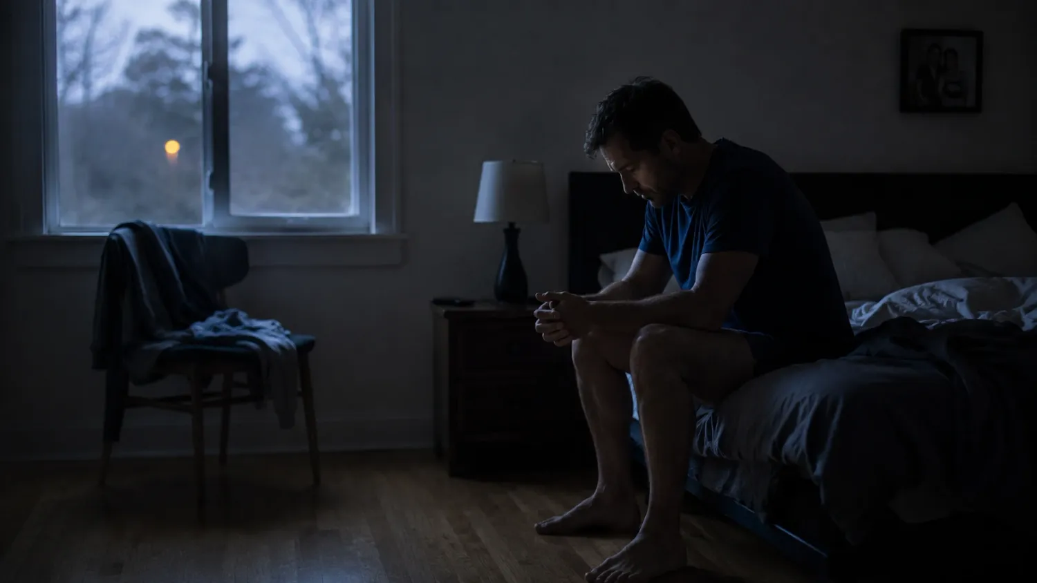 Man sitting alone on bed at dawn