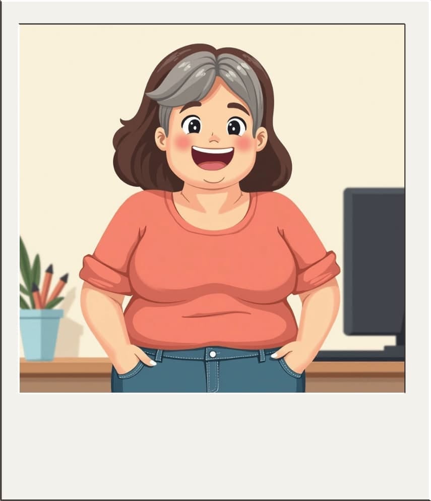 Illustration style Polaroïd Kawaii de France Dumas, quarantenaire souriante un peu ronde