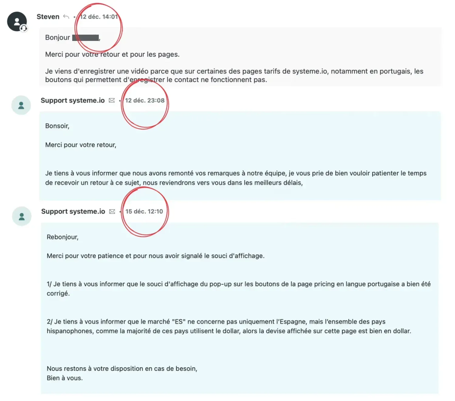 Capture écran d'un avis client de Steven V soulignant la réactivité et l'expertise du support client de Systeme.io