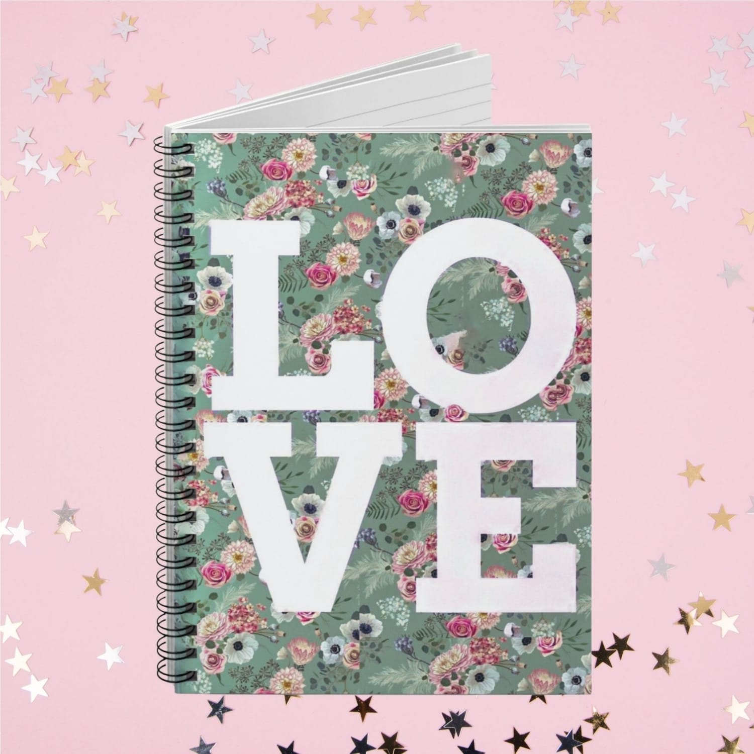 Spiral Notebook with the word 'LOVE' and a floral background.