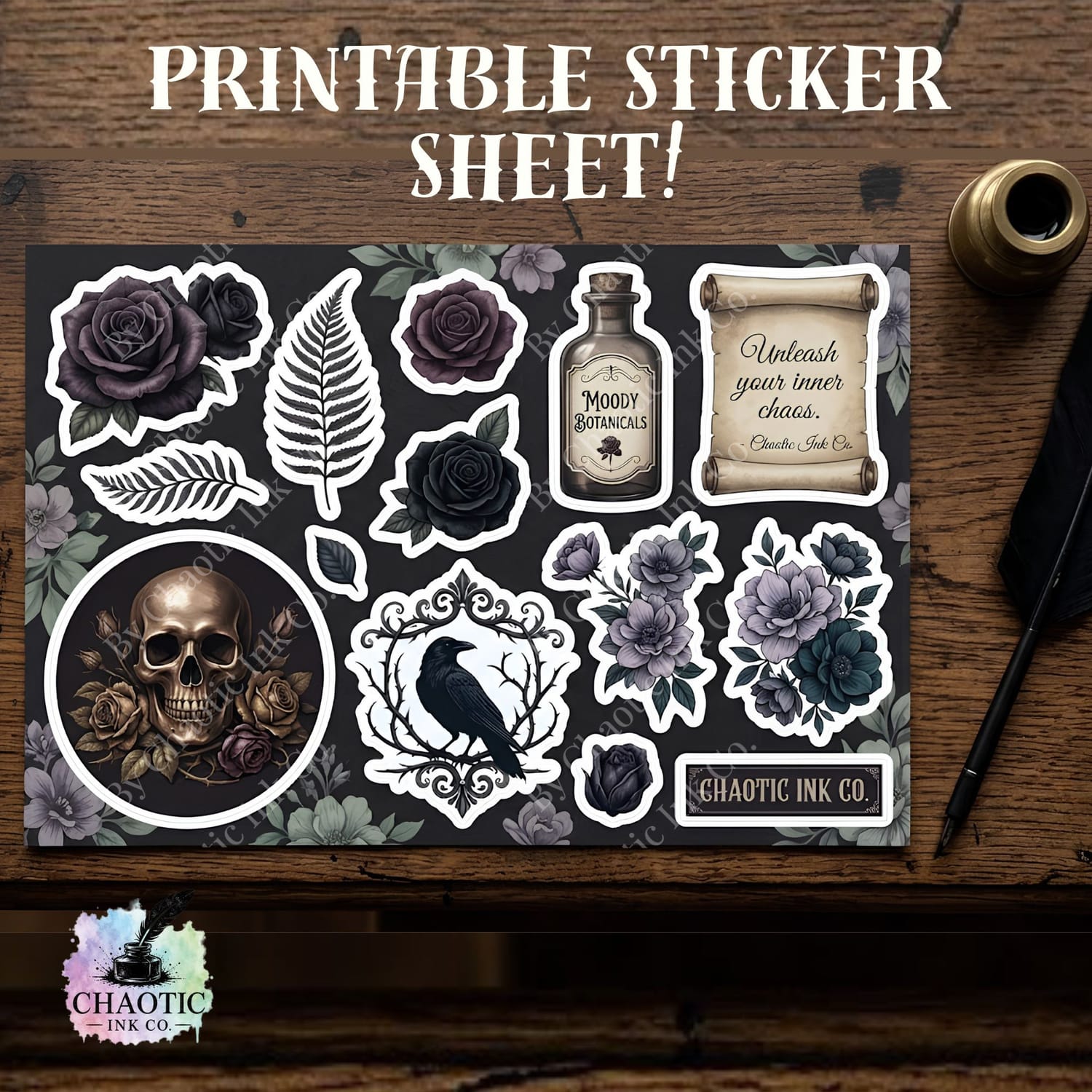 Midnight Ink Collection Printable Sticker Sheet that includes moody botanicals, skeletons, dark ravens, etc.