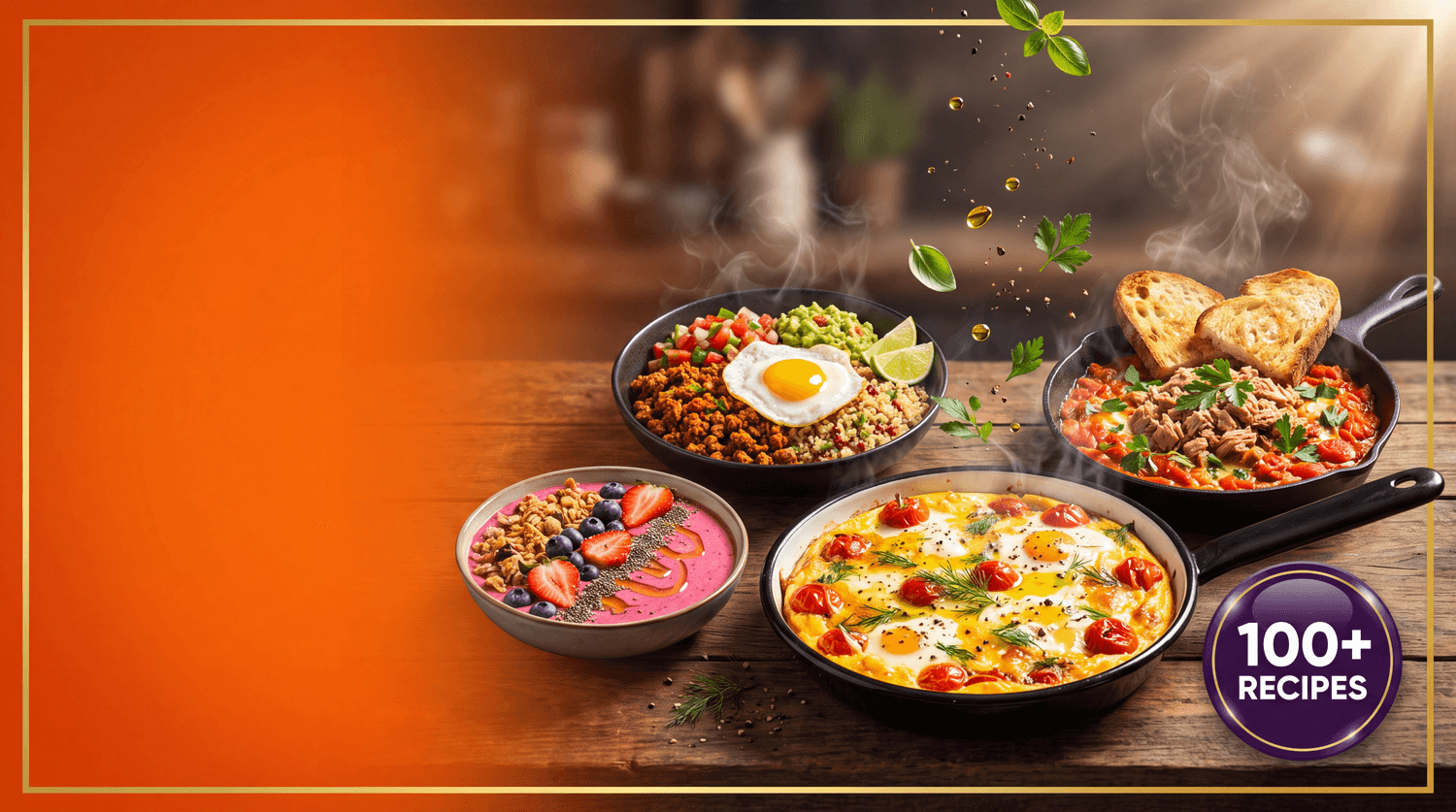 A preview of the beautiful, full-colour recipe photography inside The Ultimate High-Protein Cookbook — breakfast bowls, skillets and smoothie bowls, 100+ recipes included