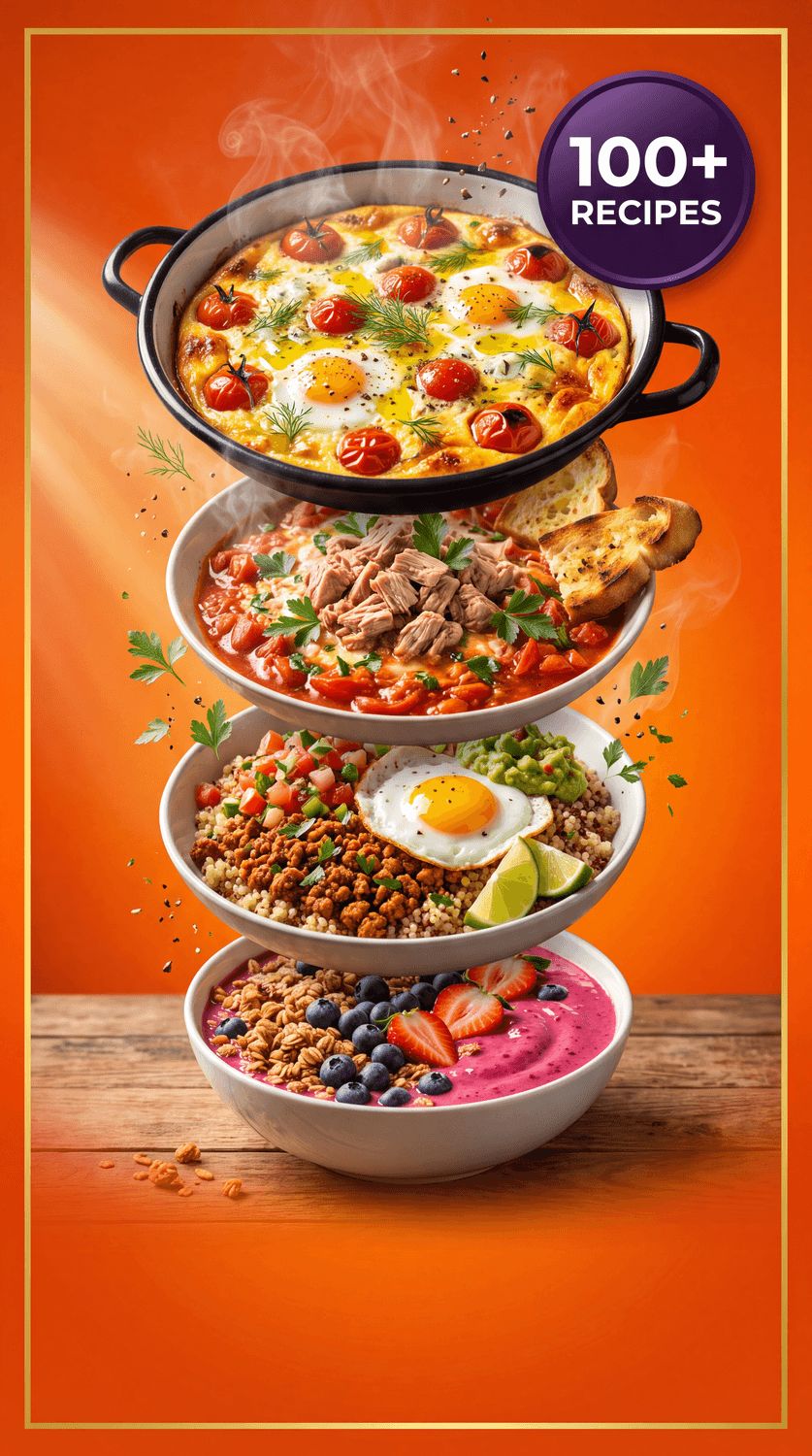 A preview of the beautiful, full-colour recipe photography inside The Ultimate High-Protein Cookbook — breakfast bowls, skillets and smoothie bowls, 100+ recipes included