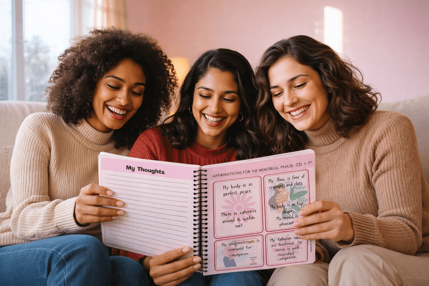 Women joyfully reading the Menstrual Cycle Affirmations journal together