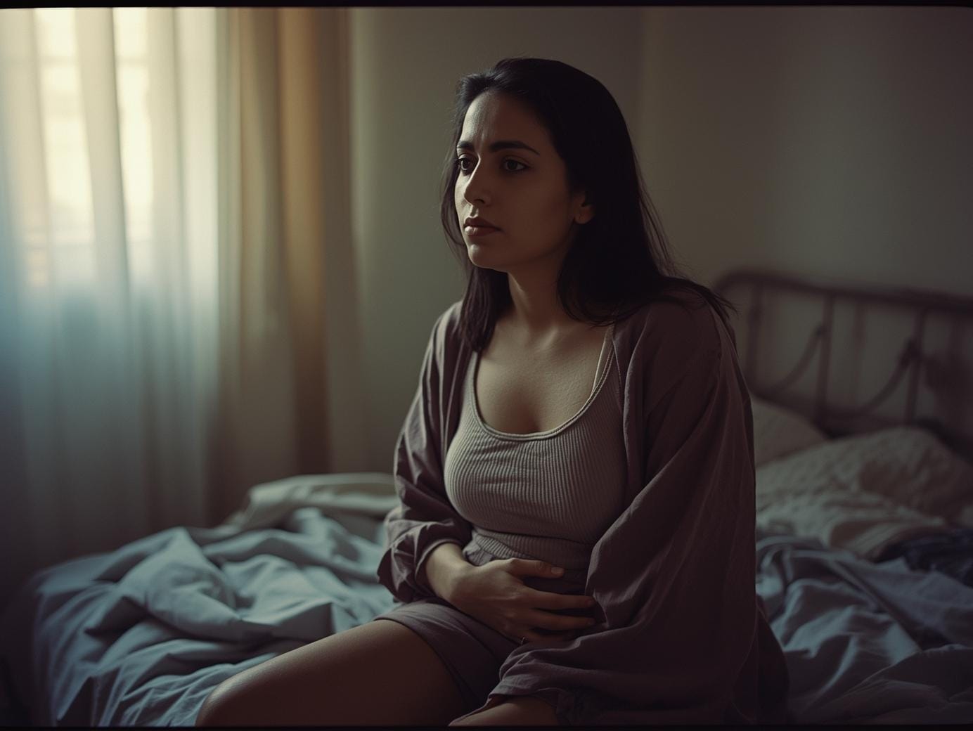 Woman sitting quietly exhausted from living with PCOS or fibroids