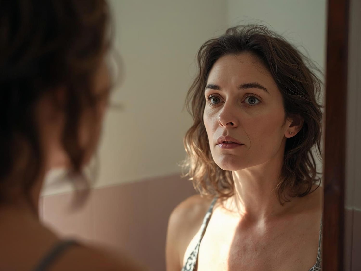 Woman looking in mirror navigating perimenopause identity shift