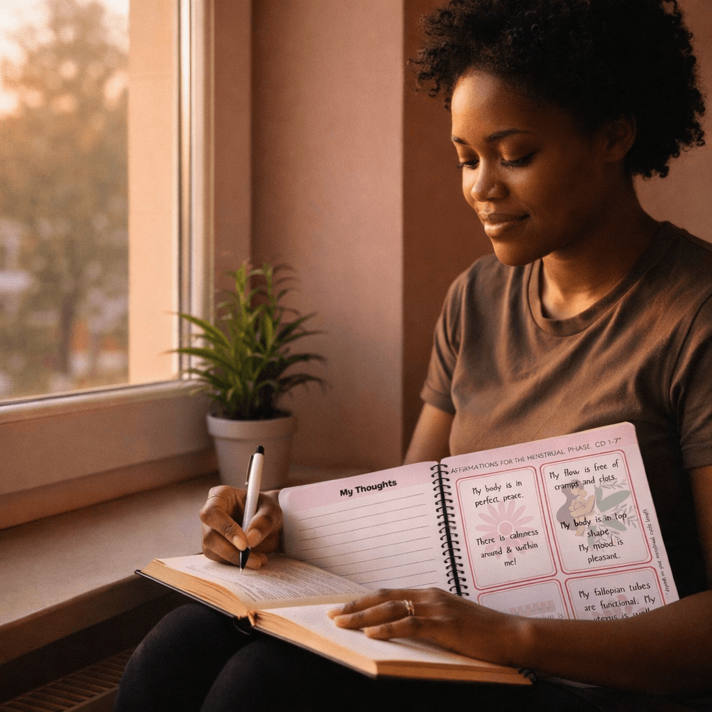 Woman at peace journalling through her TTC journey