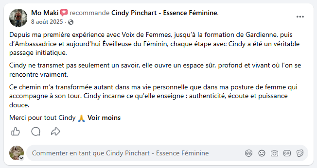 Témoignage Facebook d'une participante à une formation de Cindy Pinchart