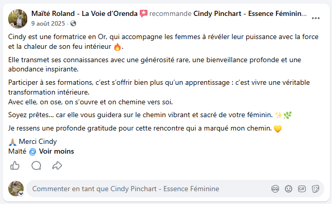 Témoignage Facebook d'une participante à une formation de Cindy Pinchart