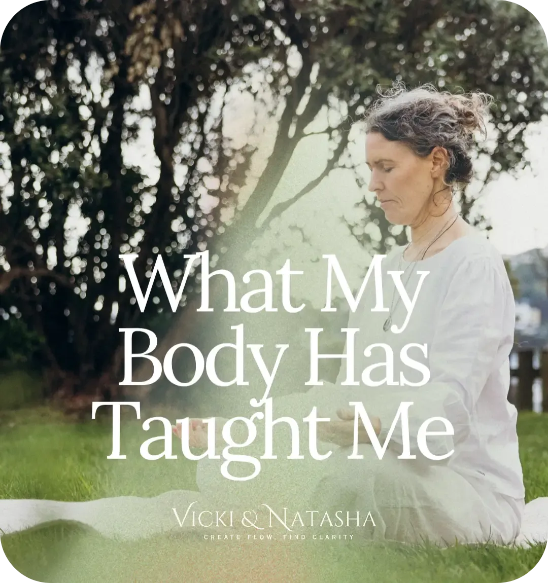 Vicki Wallace sitting on a woollen yoga mat in a garden setting in meditation