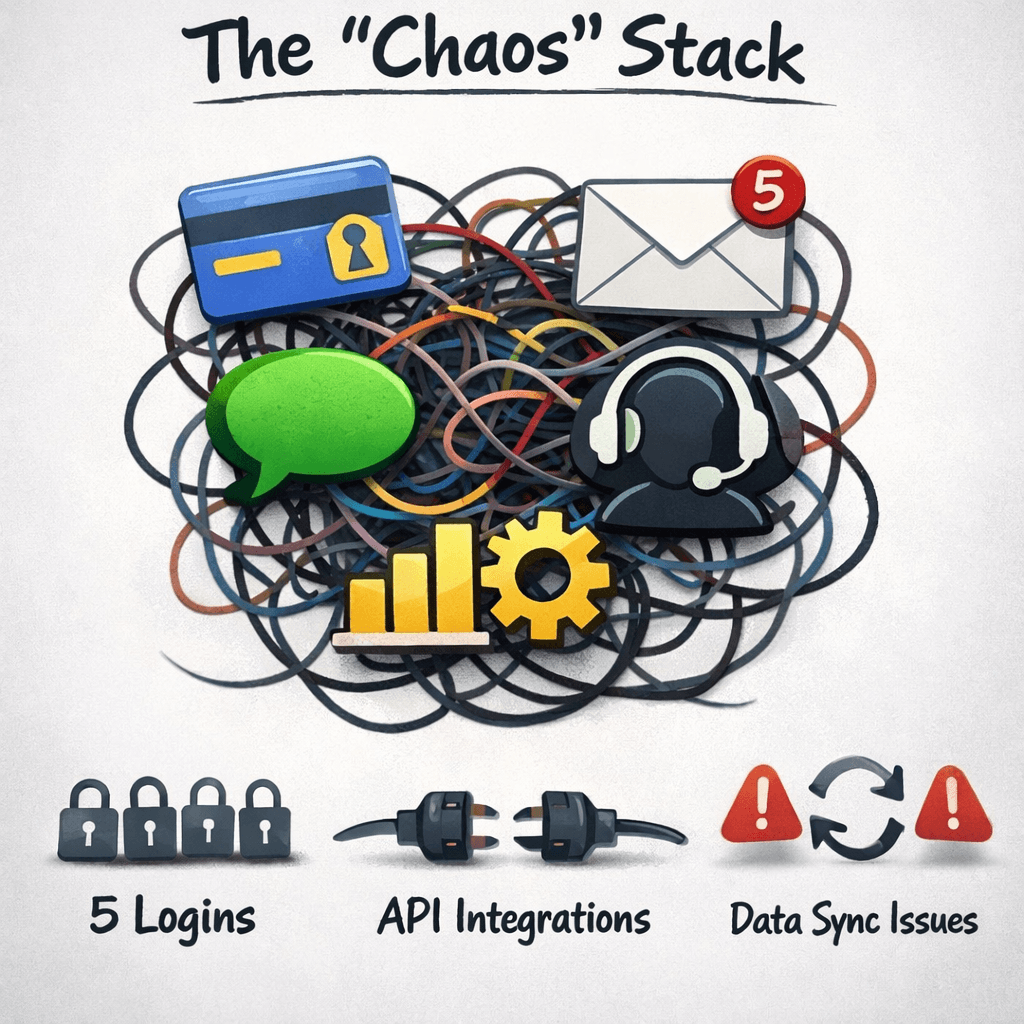 Comparison of expensive fragmented SaaS stack with multiple logins