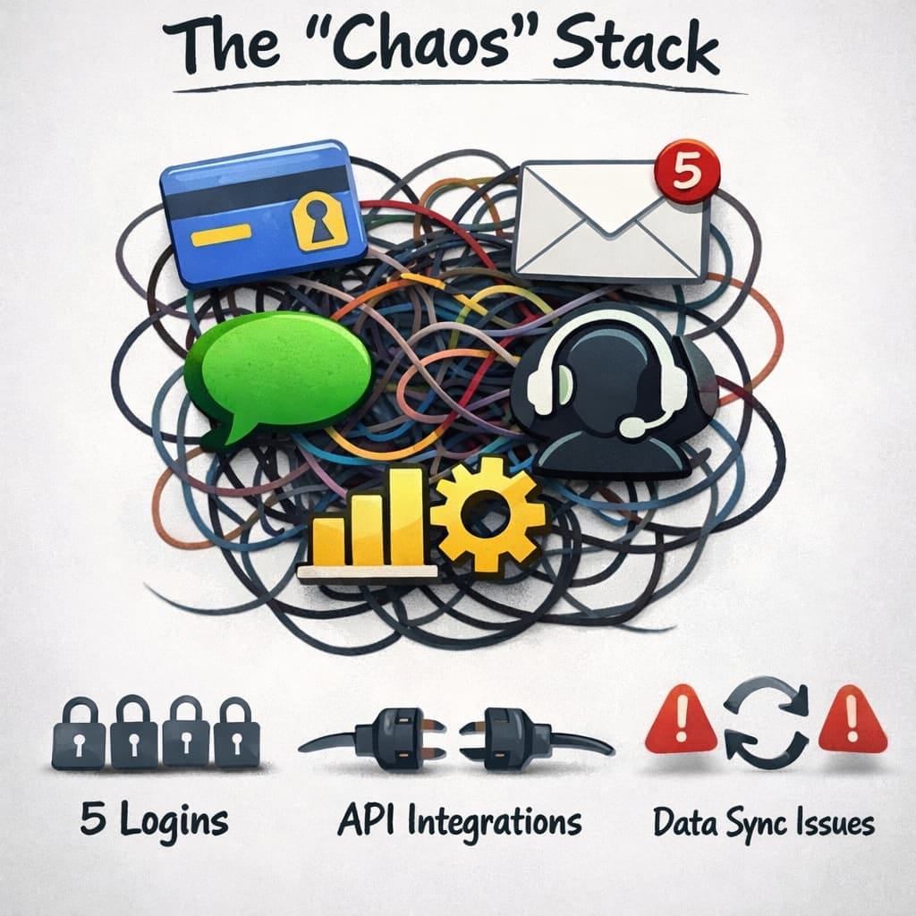 Comparison of expensive fragmented SaaS stack with multiple logins