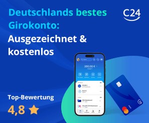 Blaue C24 Debitkarte neben Pokerchips zur strikten Trennung von Poker-Bankroll und privaten Finanzen