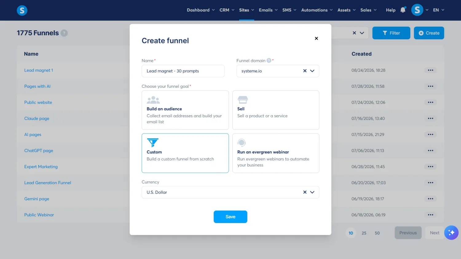 systeme.io Create funnel window with the name Lead magnet - 30 prompts and the Custom funnel goal selected
