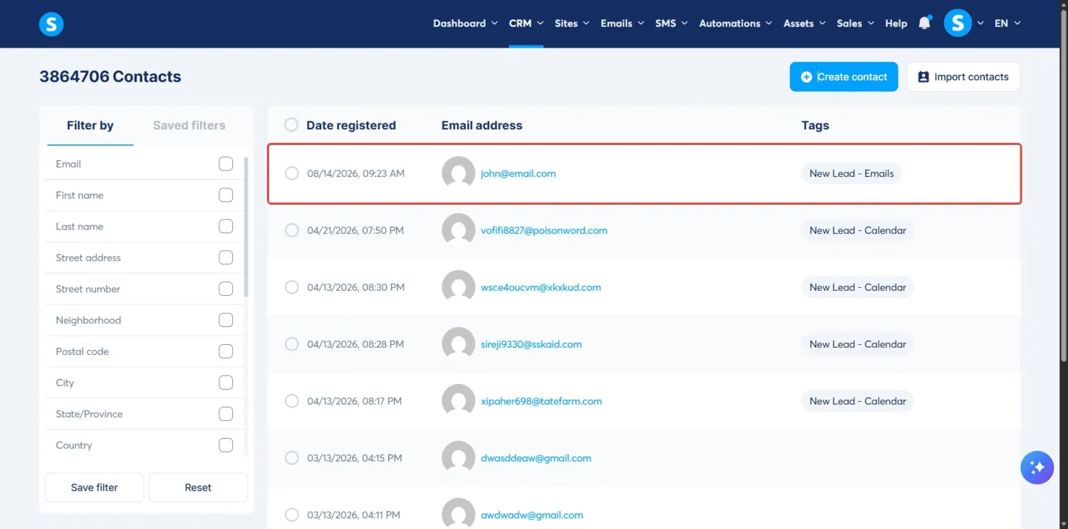 systeme.io Contacts list showing the test lead with its tag at the top