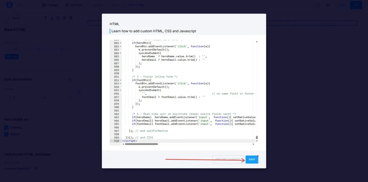 systeme.io HTML code editor with the converted code pasted and the Save button highlighted