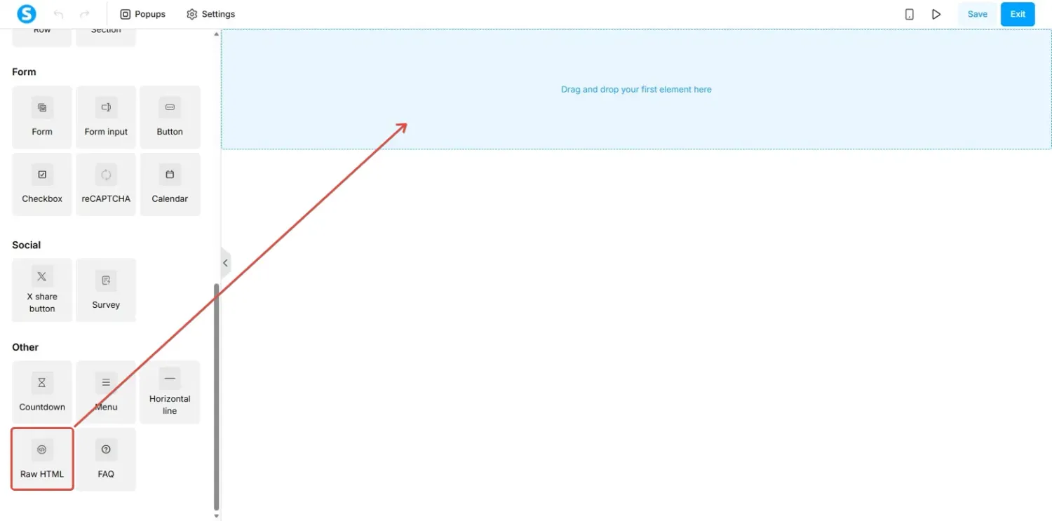 Dragging the Raw HTML element from the Other section onto the systeme.io editor canvas
