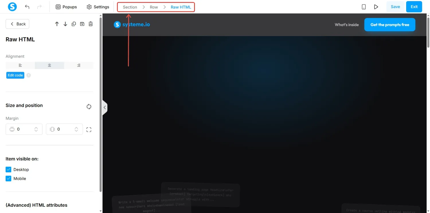 systeme.io editor breadcrumb showing Section, Row and Raw HTML