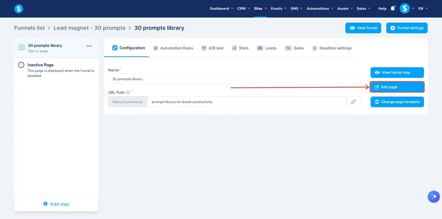 systeme.io funnel step configuration with the Edit page button highlighted
