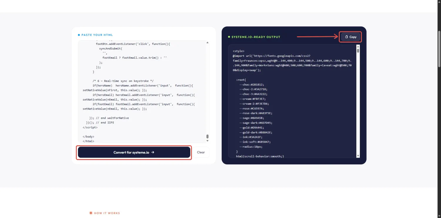 systeme.io Raw HTML Converter with Claude HTML pasted on the left and the Copy button highlighted on the systeme.io-ready output panel