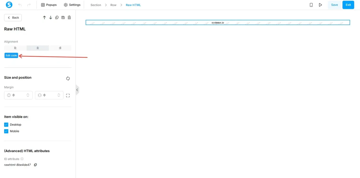 Raw HTML element settings panel with the Edit code button highlighted