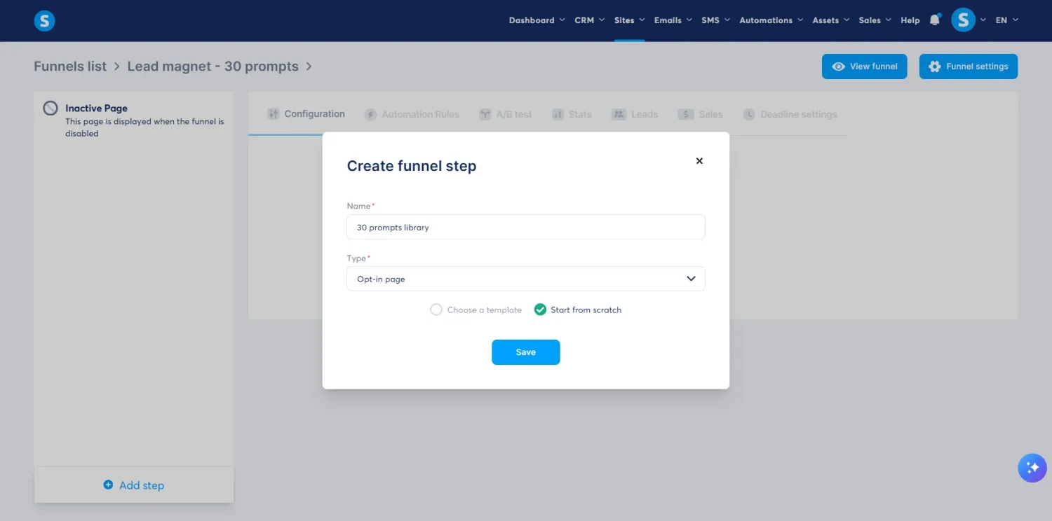 systeme.io Create funnel step window with type Opt-in page and Start from scratch selected