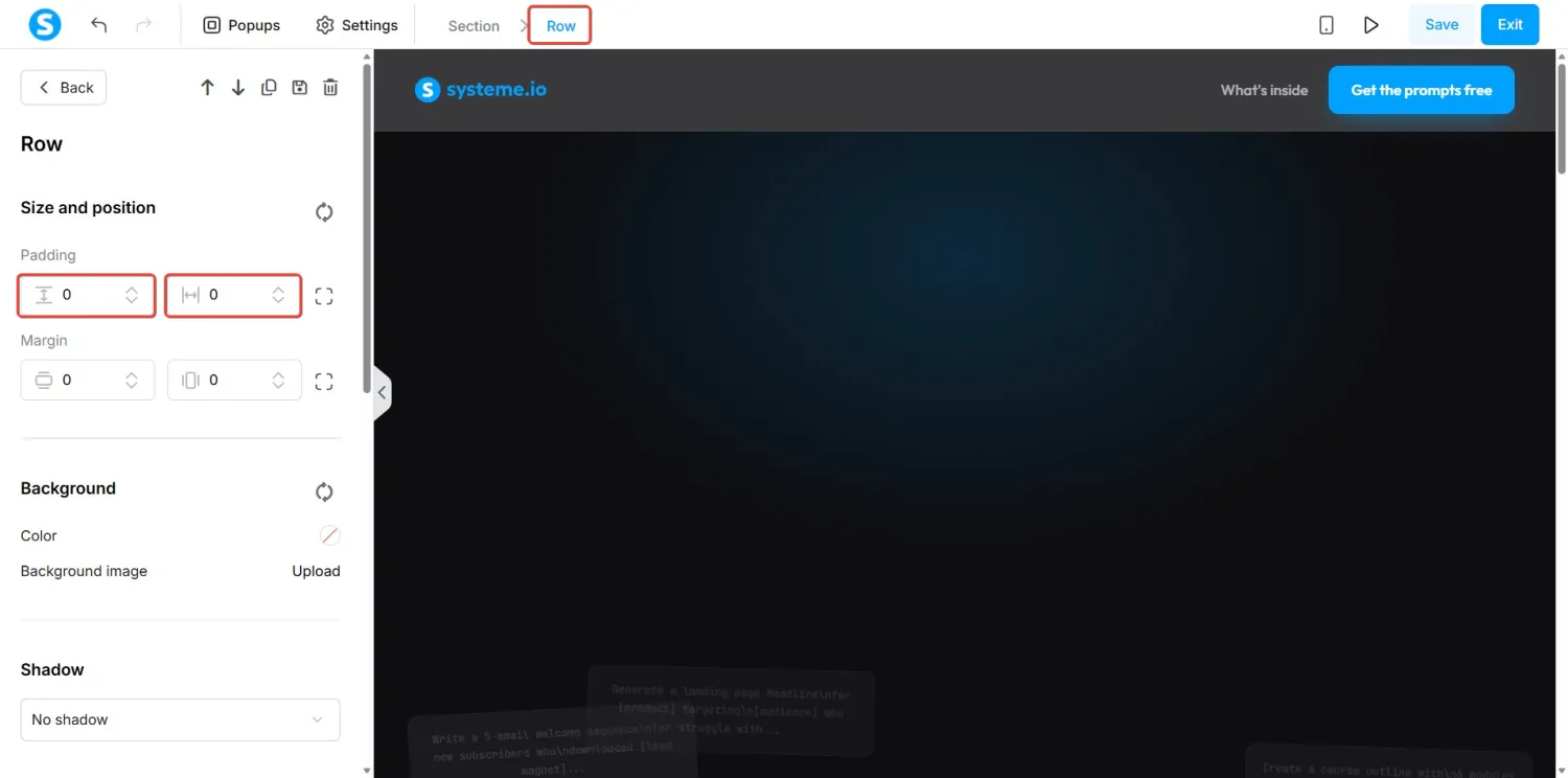 Row settings with both Padding values set to 0