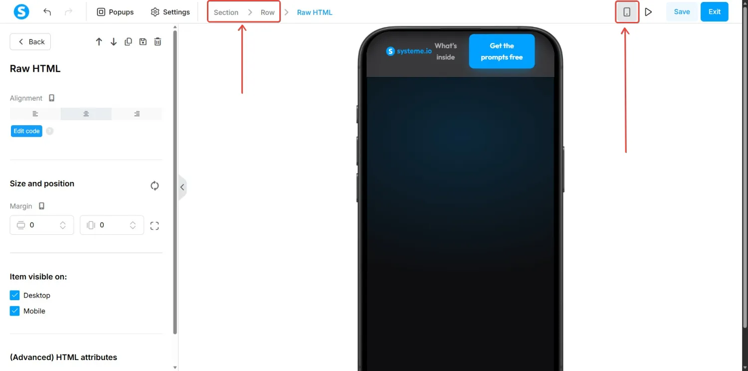 systeme.io editor switched to mobile view using the phone icon in the top bar