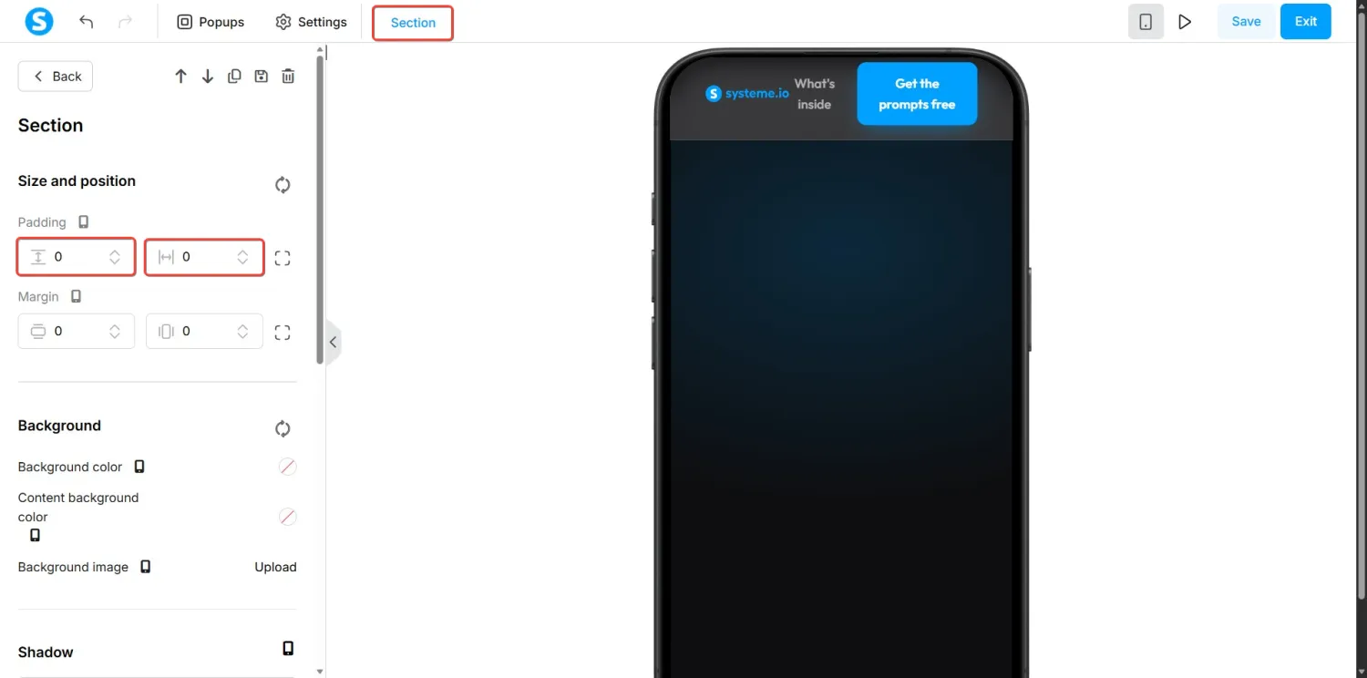 Mobile Section settings with both Padding values set to 0