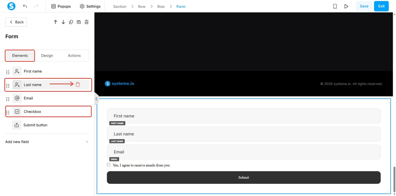 Form Elements tab with the Last name field and Checkbox marked for removal